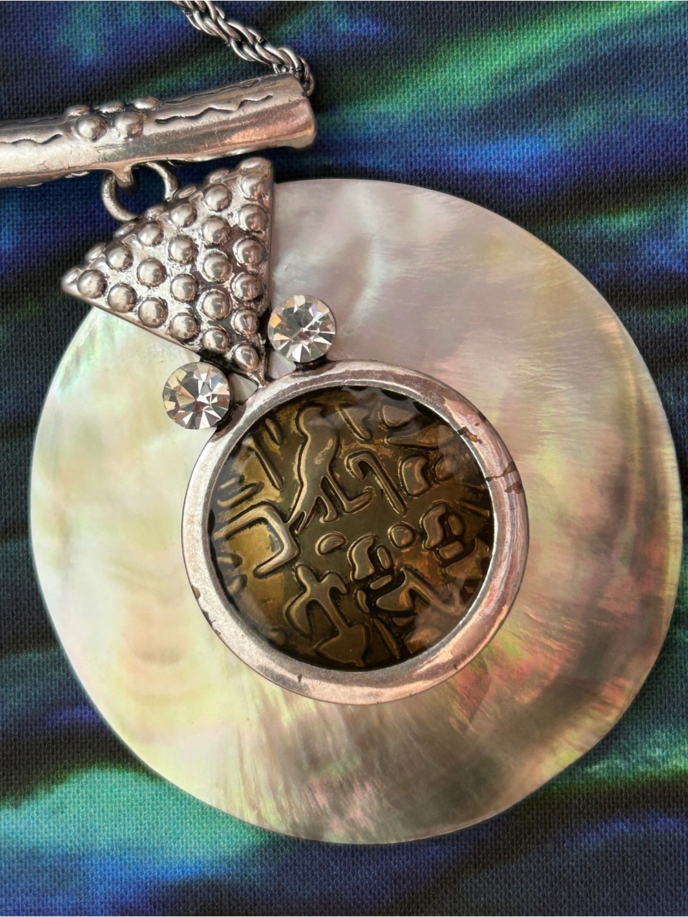 Vintage Egyptian Revival Hieroglyphic Coin Mother of Pearl Pendant Necklace